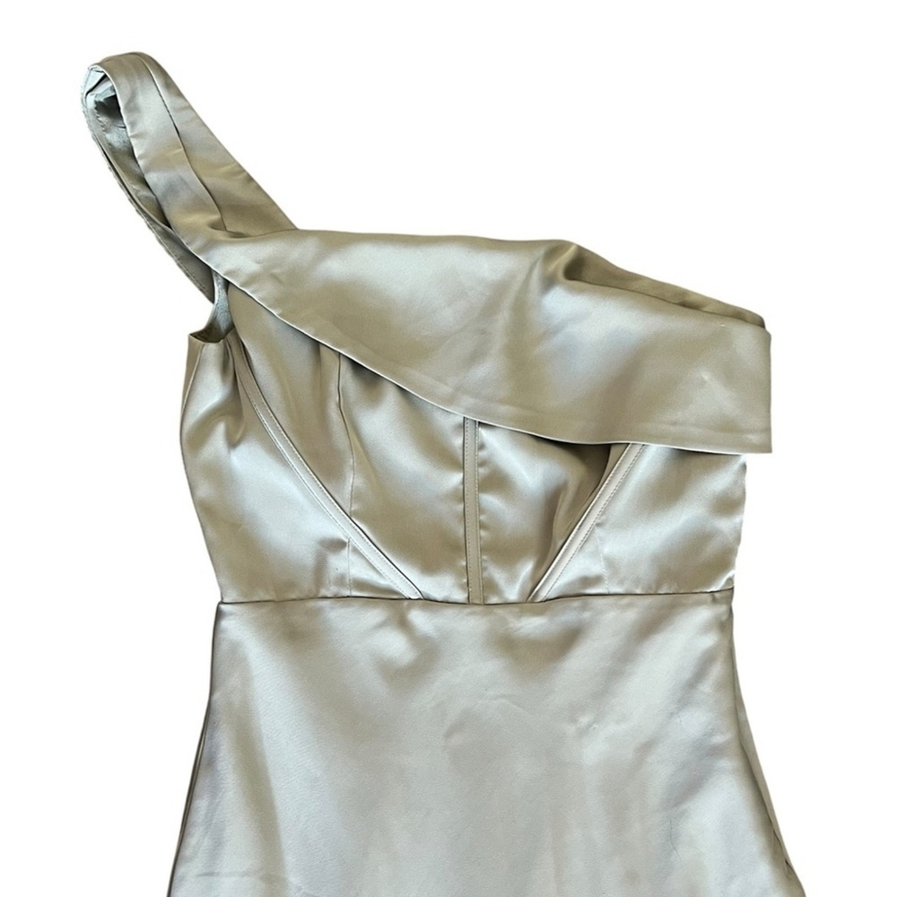 If By Sea Women’s Satin One Shoulder Sage Green Corset Bust Maxi Dress Sz L